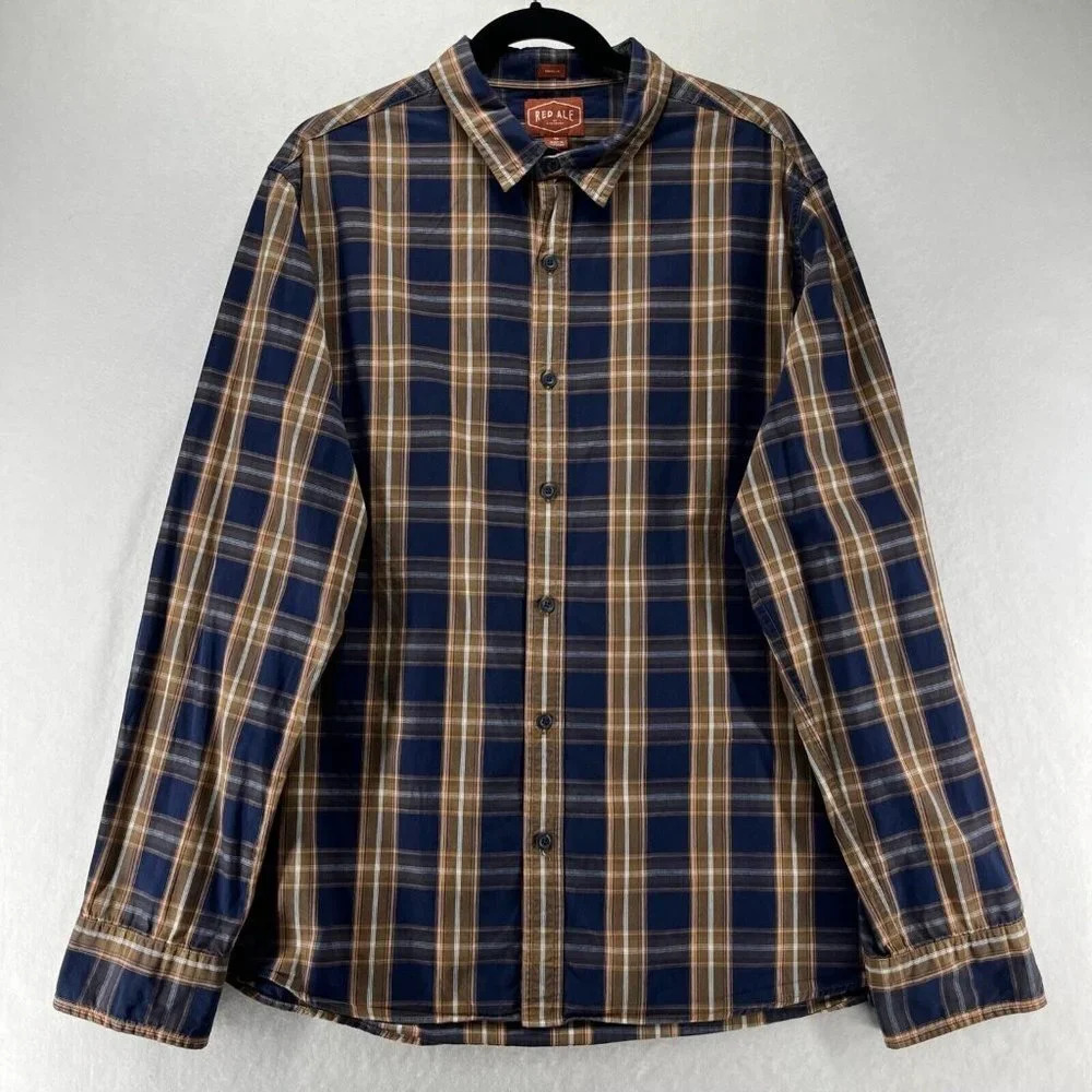 Red Ale Shirt Mens Size XL Plaid Button Front Long Sleeve Cotton Blue Brown